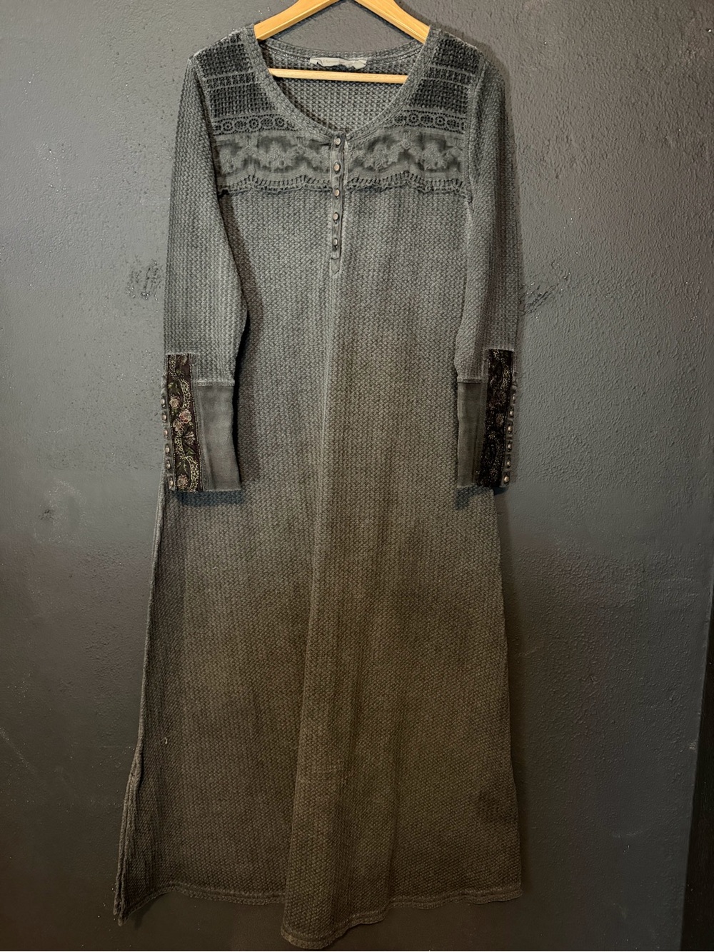 Soft Surroundings Gray Knit Maxi Dress with Crochet Yoke
